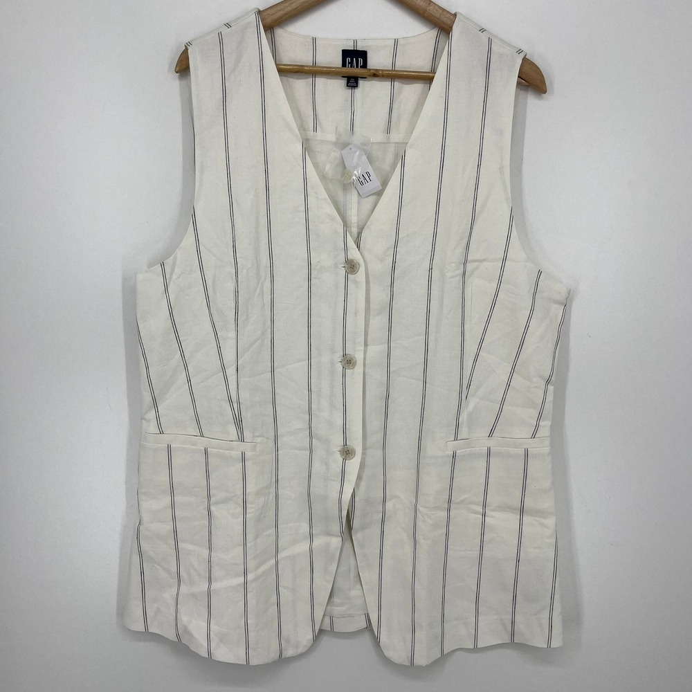 Gap Mens XL Tall White Blue Pinstripe Linen Blend 3-Button Vest 718370-02-1 NEW
